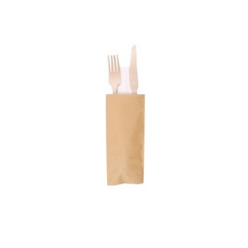 50 Pezzi – Kit Posate in Legno (Forchetta + Coltello) con Tovagliolo 3 Veli, Ecologiche e Monouso, Ideali per Take-Away, Eventi