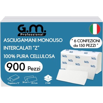 900 Asciugamani Monouso per dispenser 2 Veli – 6 confezioni da 150 Pezzi – 24×20,5 cm – Piegatura a Z - Usa e getta