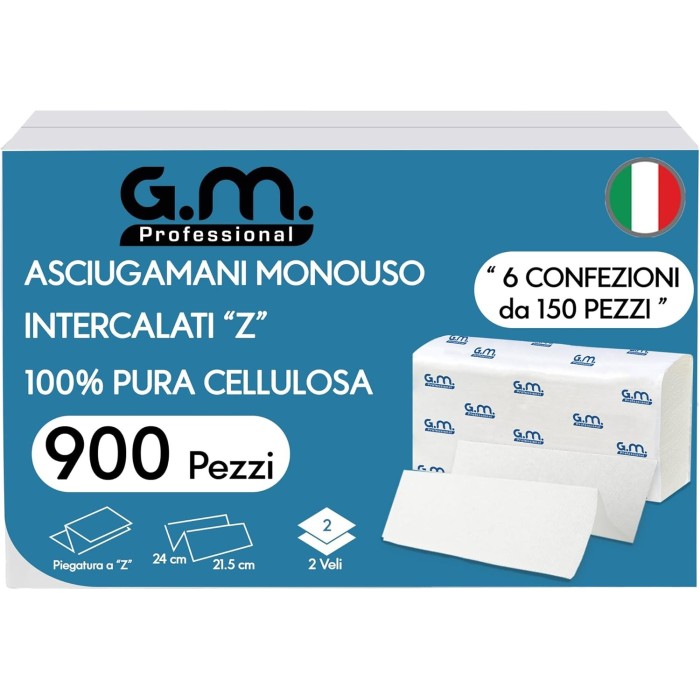 900 Asciugamani Monouso per dispenser 2 Veli – 6 confezioni da 150 Pezzi – 24×20,5 cm – Piegatura a Z - Usa e getta
