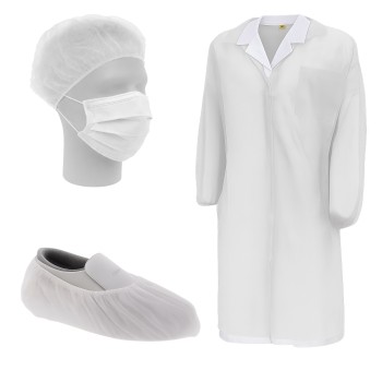 Kit Visitatore Monouso Bianco – Camice TNT, Mascherina TNT, Cuffia TNT, Copriscarpe CPE – Imbustato Singolarmente