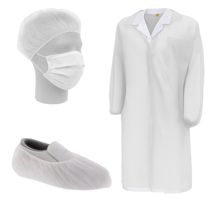 Kit Visitatore Monouso Bianco – Camice TNT, Mascherina TNT, Cuffia TNT, Copriscarpe CPE – Imbustato Singolarmente