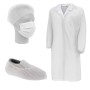 Kit Visitatore Monouso Bianco – Camice TNT, Mascherina TNT, Cuffia TNT, Copriscarpe CPE – Imbustato Singolarmente