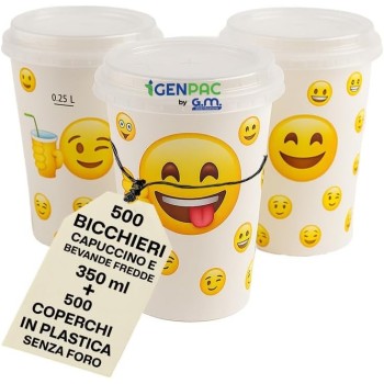 Kit 500 Bicchieri in Carta 350 ml con Coperchi Rigidi Senza Foro
