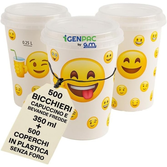 Kit 500 Bicchieri in Carta 350 ml con Coperchi Rigidi Senza Foro