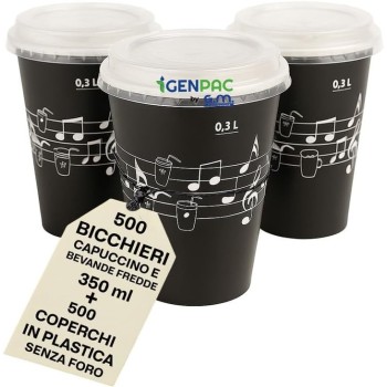 Kit 500 Bicchieri in Carta 350 ml con Coperchi Rigidi Senza Foro