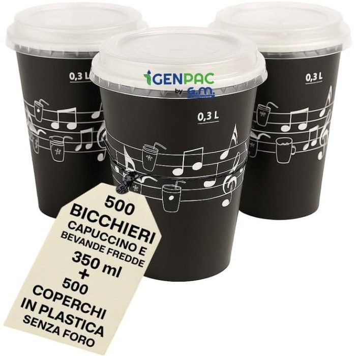 Kit 500 Bicchieri in Carta 350 ml con Coperchi Rigidi Senza Foro