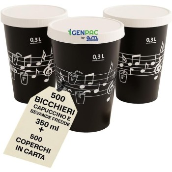 Kit 500 Bicchieri in Carta 350 ml con Coperchi in Carta Fantasia Musicale