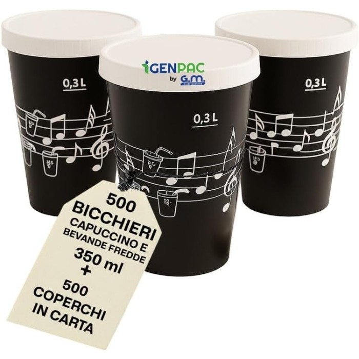 Kit 500 Bicchieri in Carta 350 ml con Coperchi in Carta Fantasia Musicale