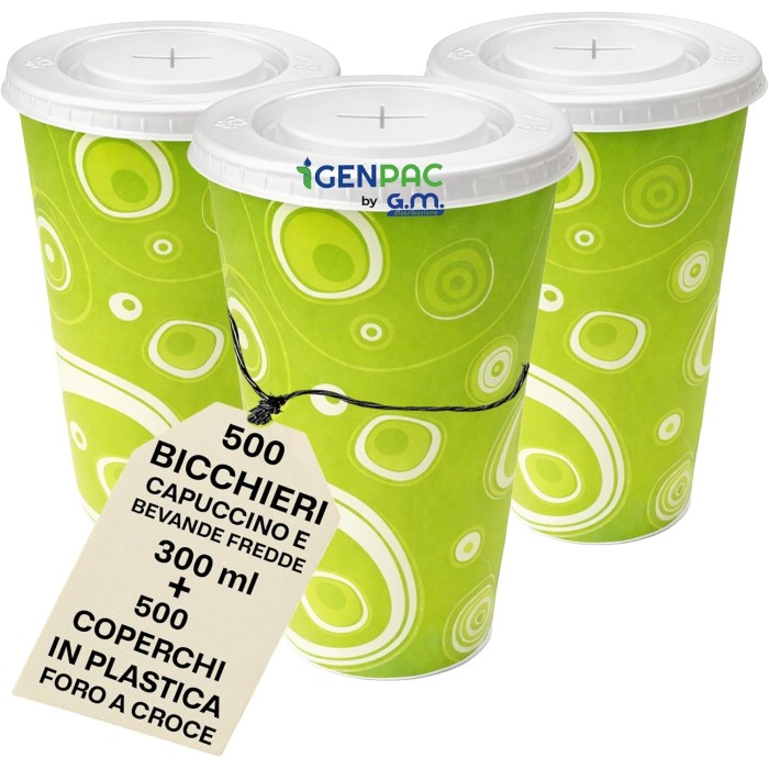 Kit 500 Bicchieri in Carta 300 ml con Coperchi a Croce Fantasia Vintage Verde