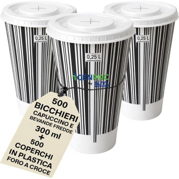 Kit 500 Bicchieri in Carta 300 ml Black & White con Coperchi a Croce