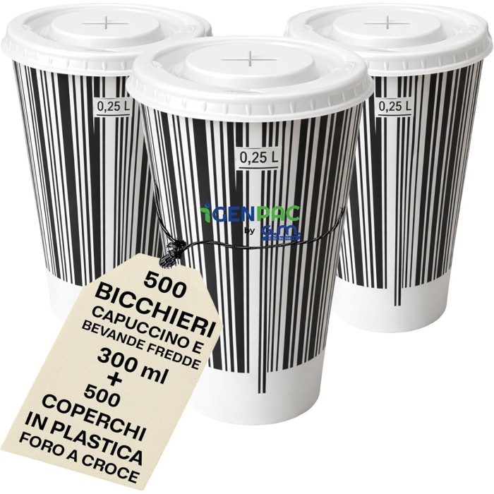 Kit 500 Bicchieri in Carta 300 ml Black & White con Coperchi a Croce