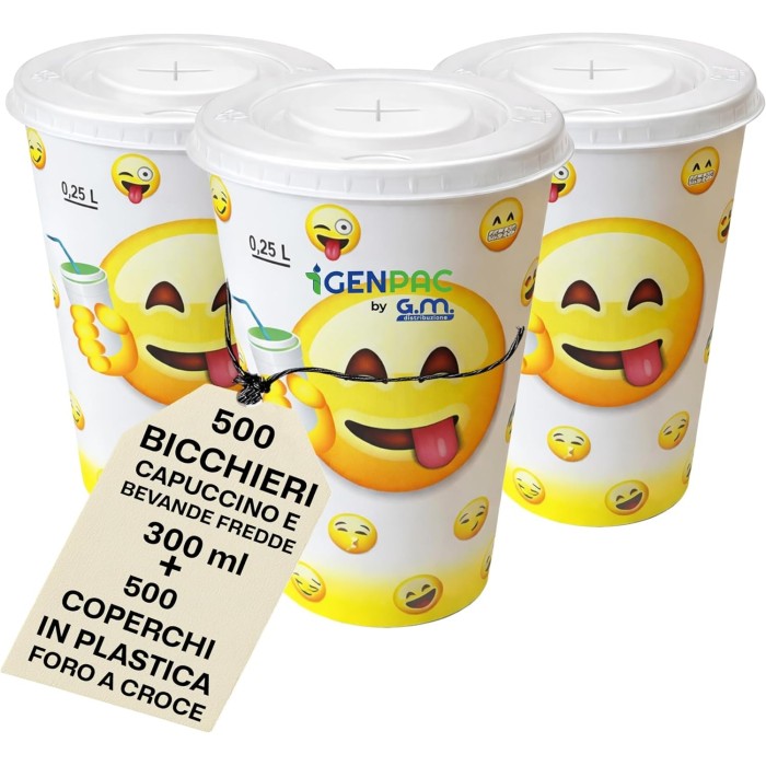 Kit 500 Bicchieri in Carta 300 ml Fantasia Emoji con Coperchi a Croce