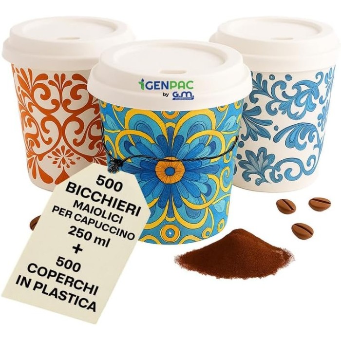 Kit 500 Bicchieri Carta Maiolica Compostabile 250 ml con Coperchi a Beccuccio