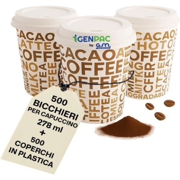 Kit 500 Bicchieri Carta Bio Compostabile 278 ml con Coperchi a Beccuccio