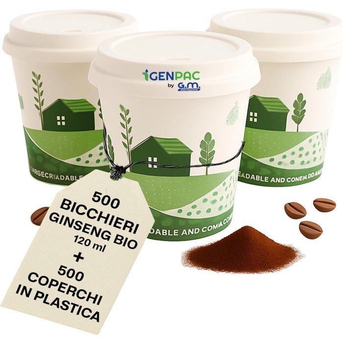 Kit 500 Bicchieri Bio Compostabili 120 ml per Ginseng con Coperchi a Beccuccio