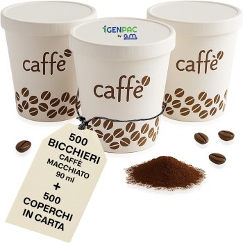Kit 500 Bicchieri Carta Bio Compostabile 90 ml con Coperchi in Carta