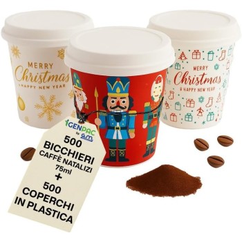 Kit 500 Bicchieri Natalizi in Carta Bio Compostabile 75 ml con Coperchi Rigidi