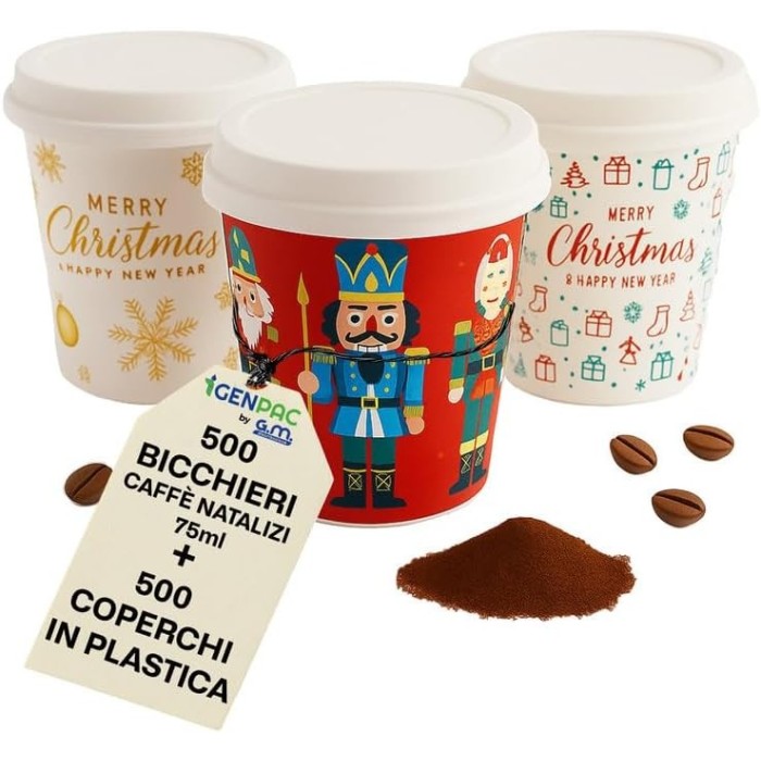 Kit 500 Bicchieri Natalizi in Carta Bio Compostabile 75 ml con Coperchi Rigidi