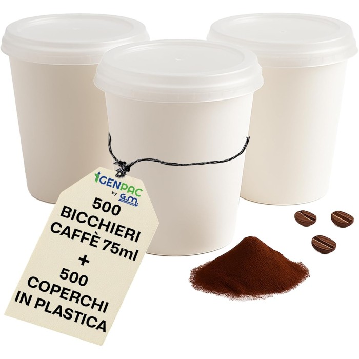 Kit 500 Bicchieri Carta Bio Compostabile 75 ml con Coperchi Trasparenti Rigidi