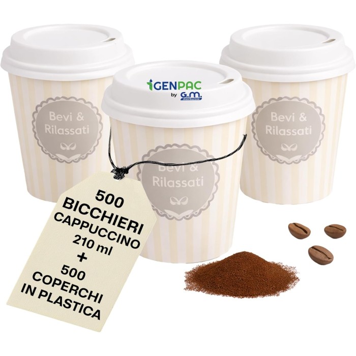 Kit 500 Bicchieri Cappuccino 210 ml con Coperchi in PS a Beccuccio