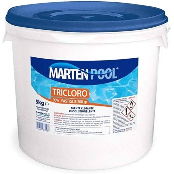 5 Kg - Tricloro in Pastiglie, 200 gr, per Piscine, Disinfettante Clorato a Lenta Dissoluzione, per Acqua Pura e Cristallina