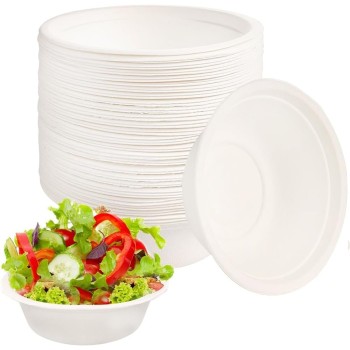 50 Pezzi - Ciotole Tonde Bianche in Cellulosa, 350 ml, 15 cm, per Cibi Caldi e Freddi, Adatte al Microonde, BIO e Compostabili.
